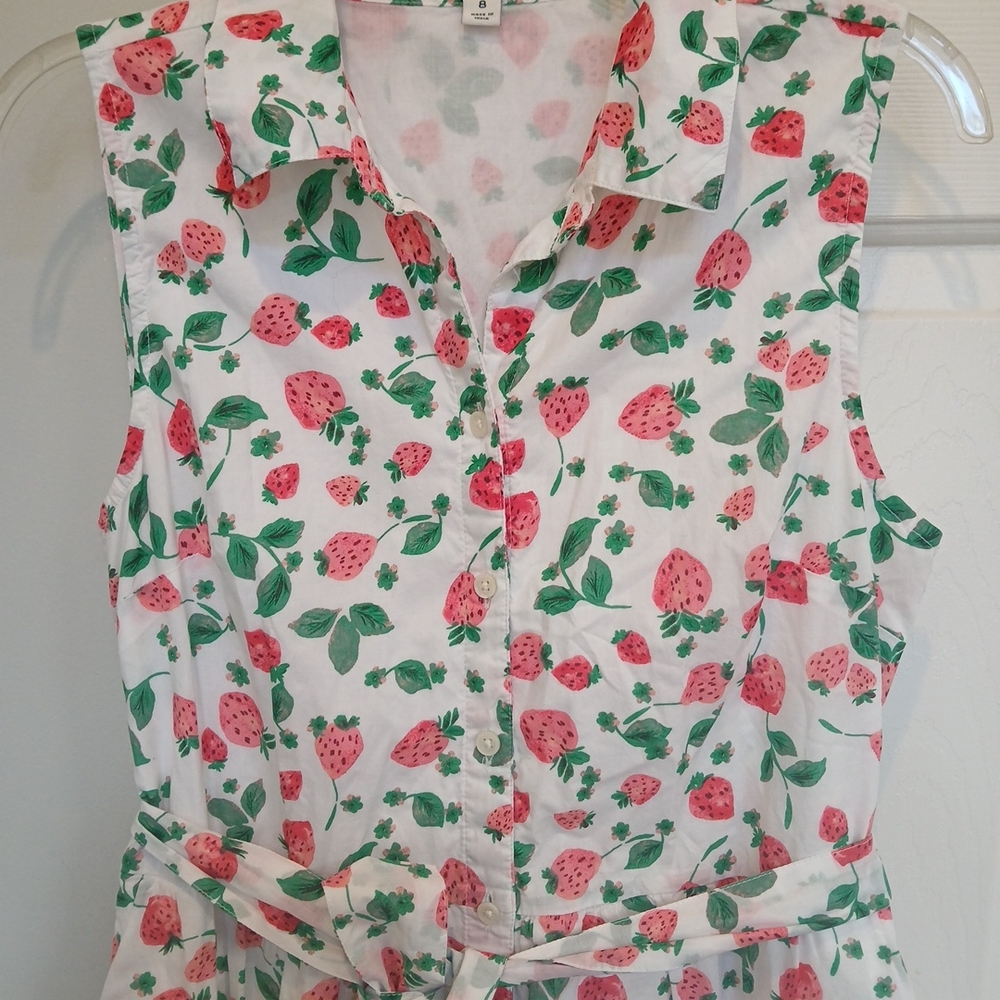 J. Crew White Strawberry Print Sleeveless Shirt Dress